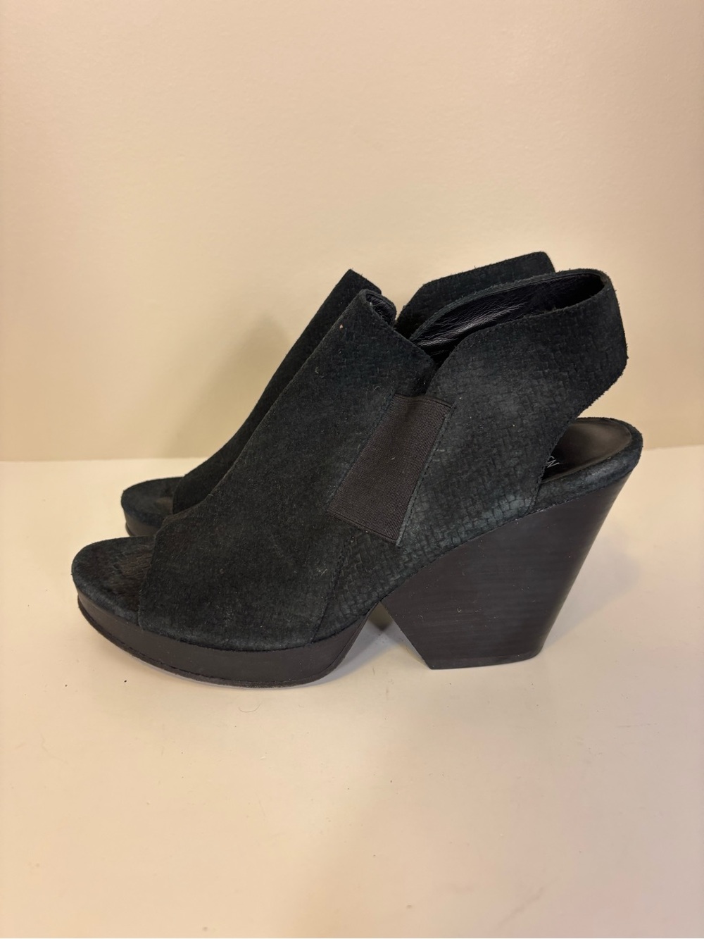 Eileen Fisher Black Suede Open-Toe Wedge High Heel Sandals Size 9